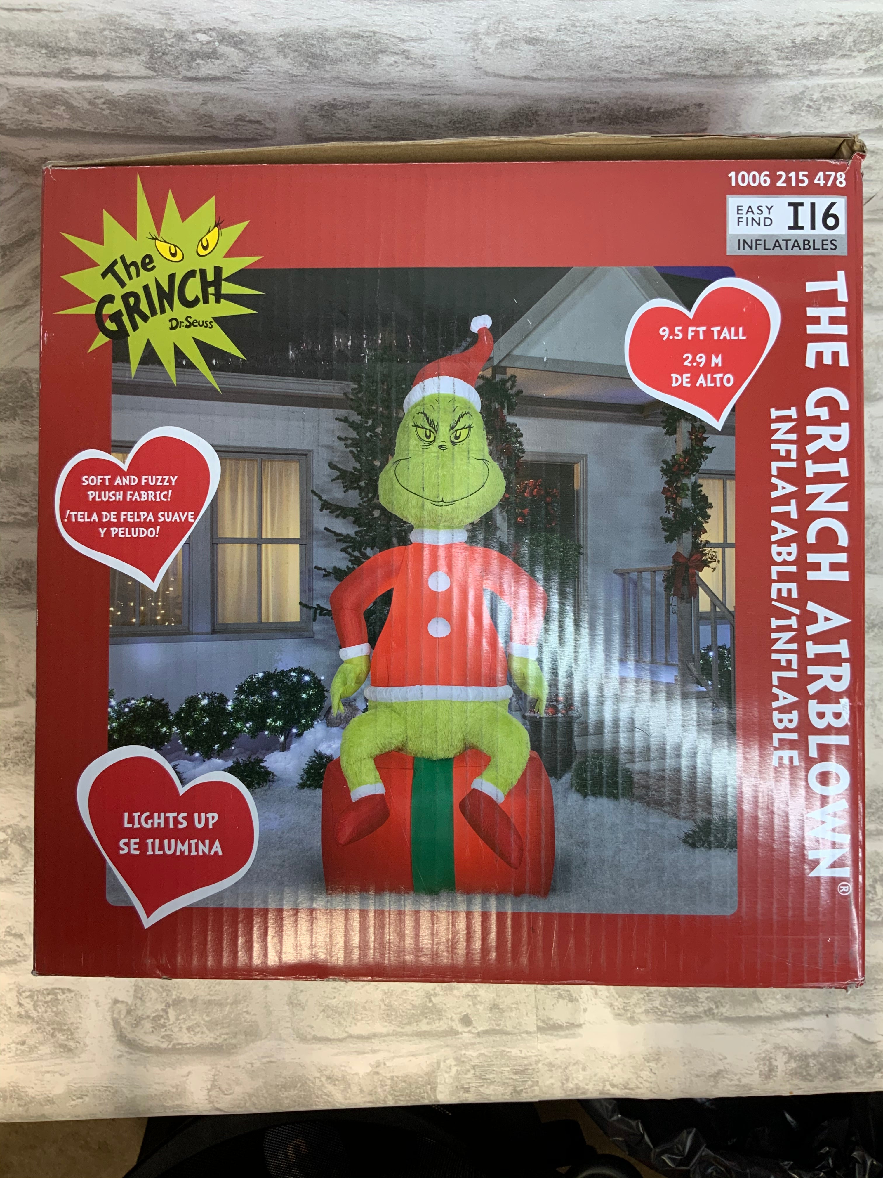 9.5 ft Pre-Lit LED Dr. Seuss Fuzzy Plush Grinch on Present Christmas Inflatable (7495074480366)